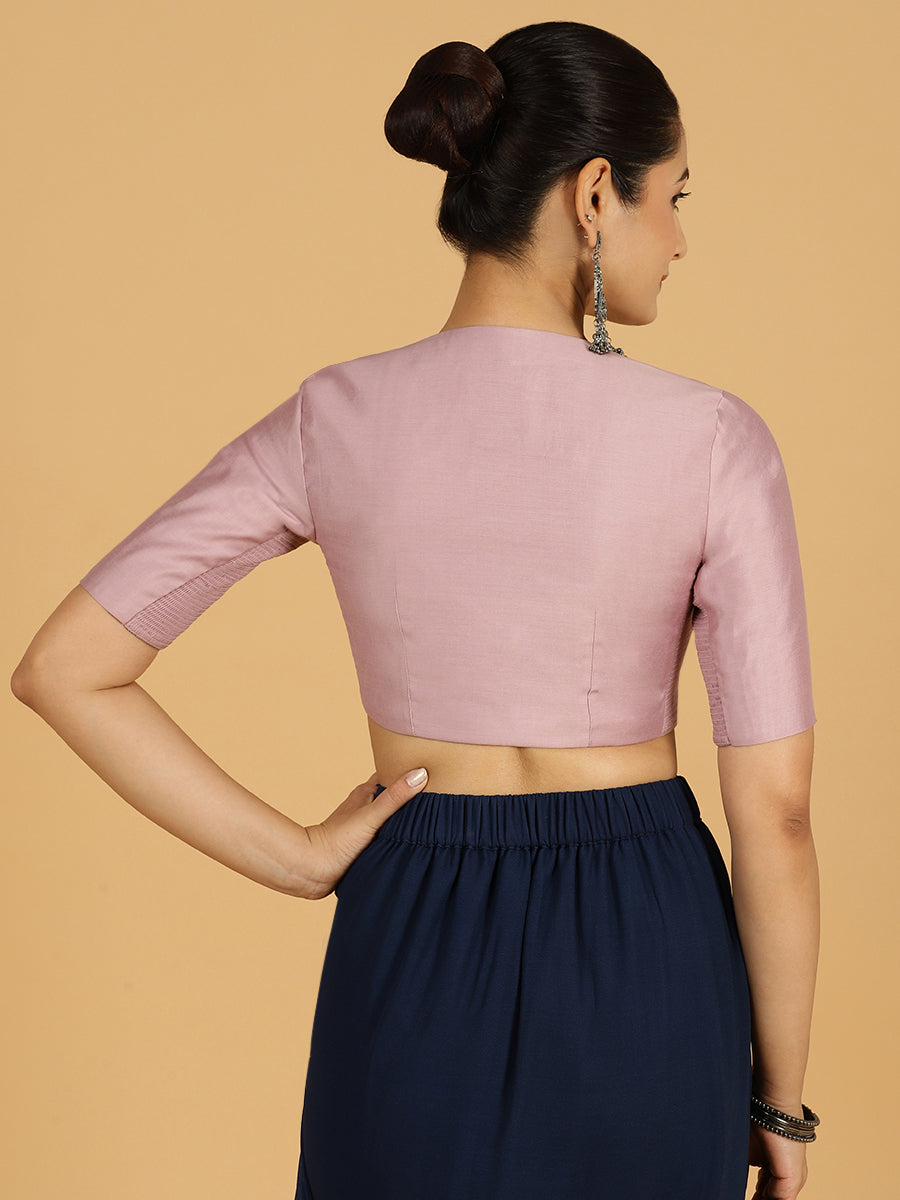 Simar x Rozaana Saree Blouse, in Purple Viscose, featuring elbow sleeves and round neckline, made for daily & work (view 2).