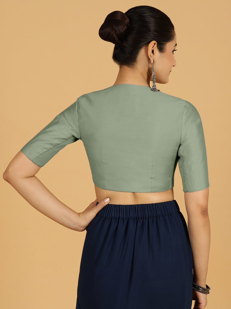 Simar x Rozaana Saree Blouse, in Green Viscose, featuring elbow sleeves and round neckline, made for daily & work (view 2).