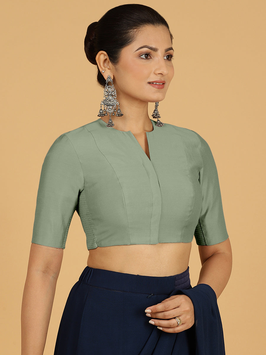 Simar x Rozaana Saree Blouse, in Green Viscose, featuring elbow sleeves and round neckline, made for daily & work (view 7).