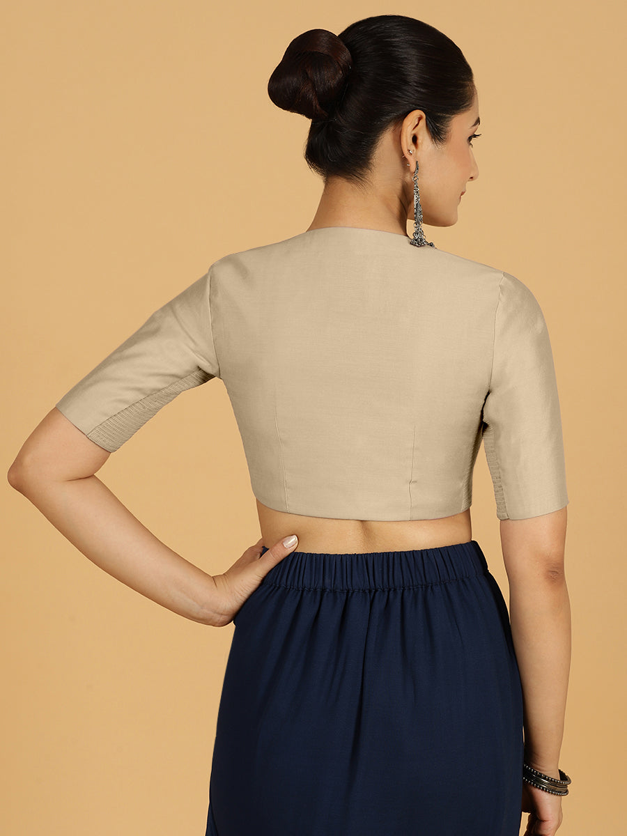 Simar x Rozaana Saree Blouse, in Grey Viscose, featuring elbow sleeves and round neckline, made for daily & work (view 2).