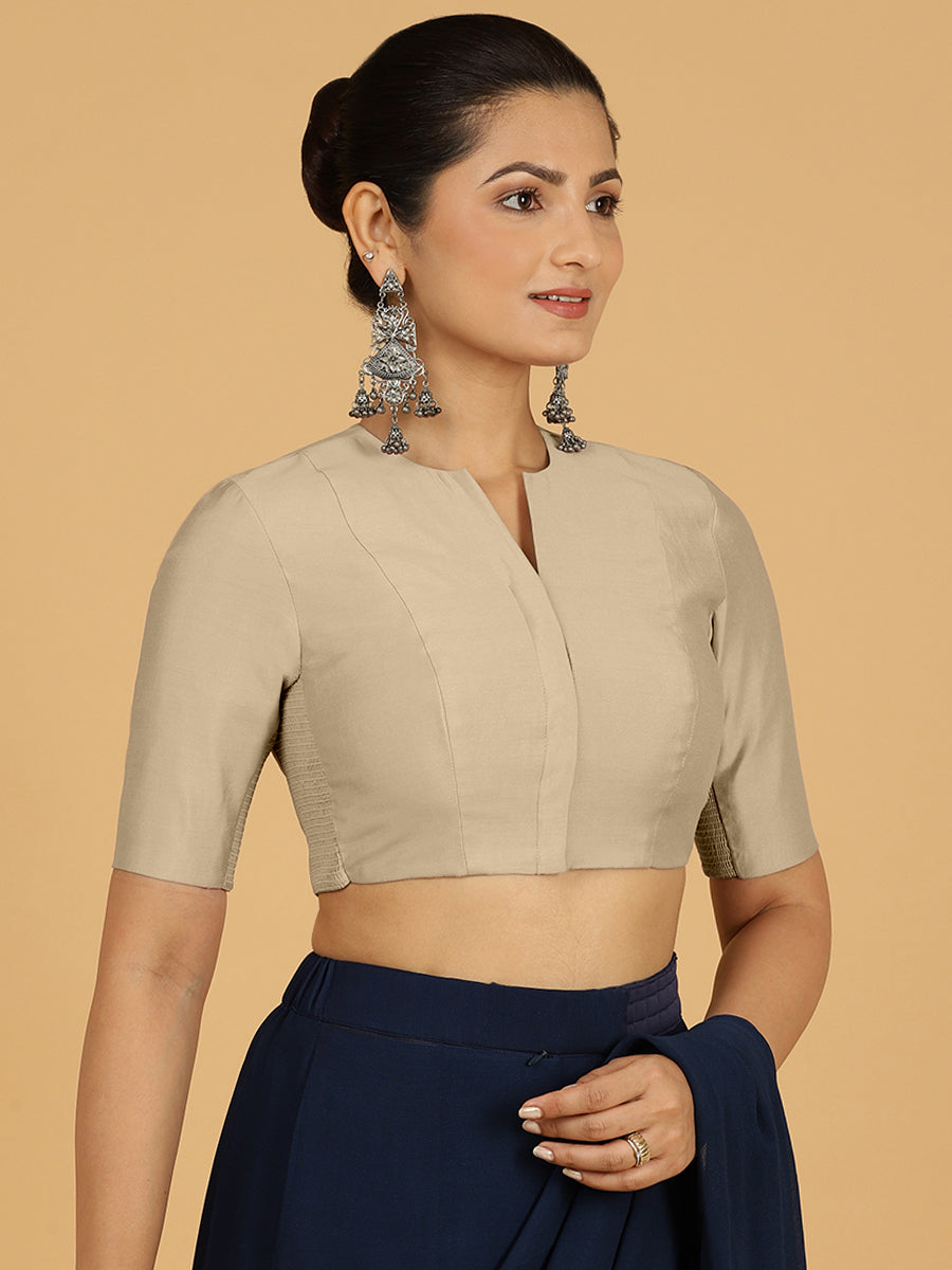 Simar x Rozaana Saree Blouse, in Grey Viscose, featuring elbow sleeves and round neckline, made for daily & work (view 7).