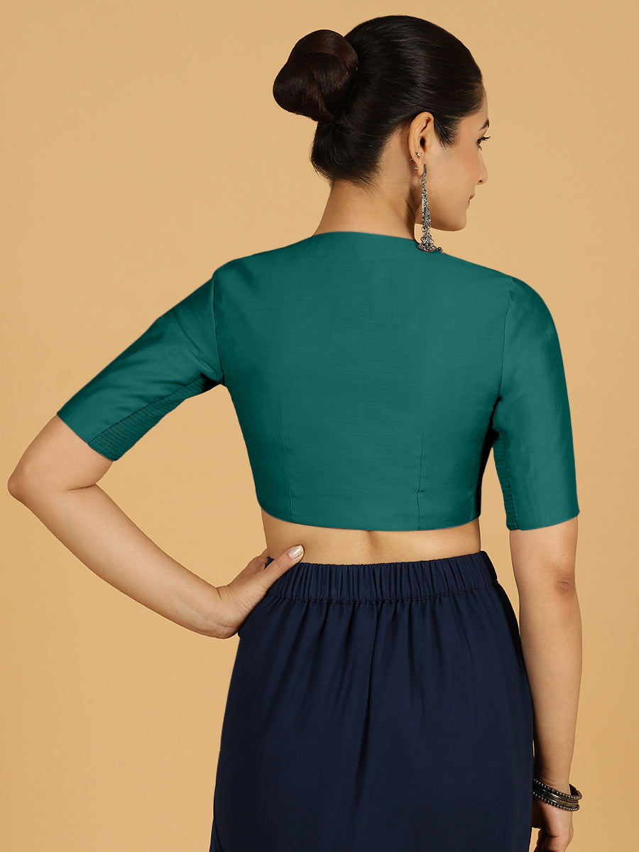 Simar x Rozaana Saree Blouse, in Green Viscose, featuring elbow sleeves and round neckline, made for daily & work (view 2).