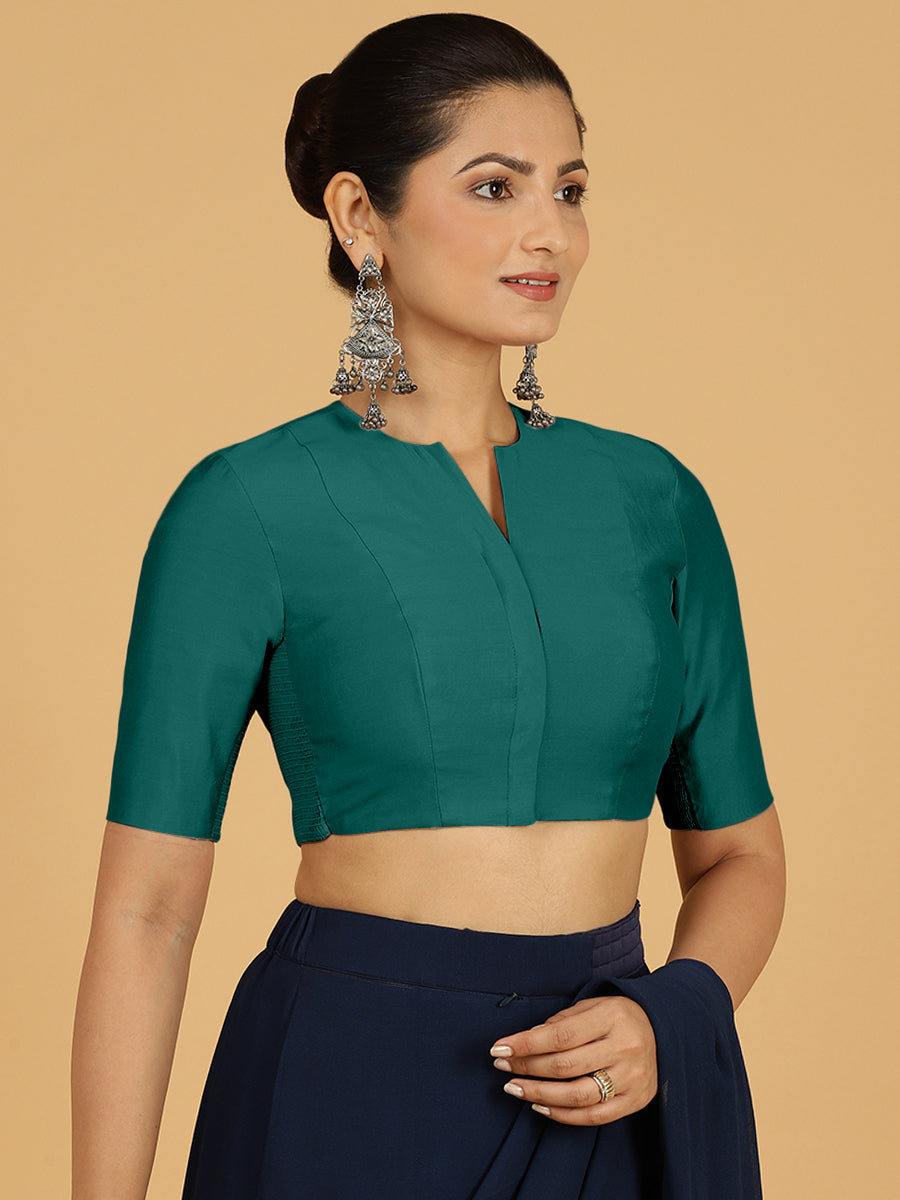 Simar x Rozaana Saree Blouse, in Green Viscose, featuring elbow sleeves and round neckline, made for daily & work (view 6).