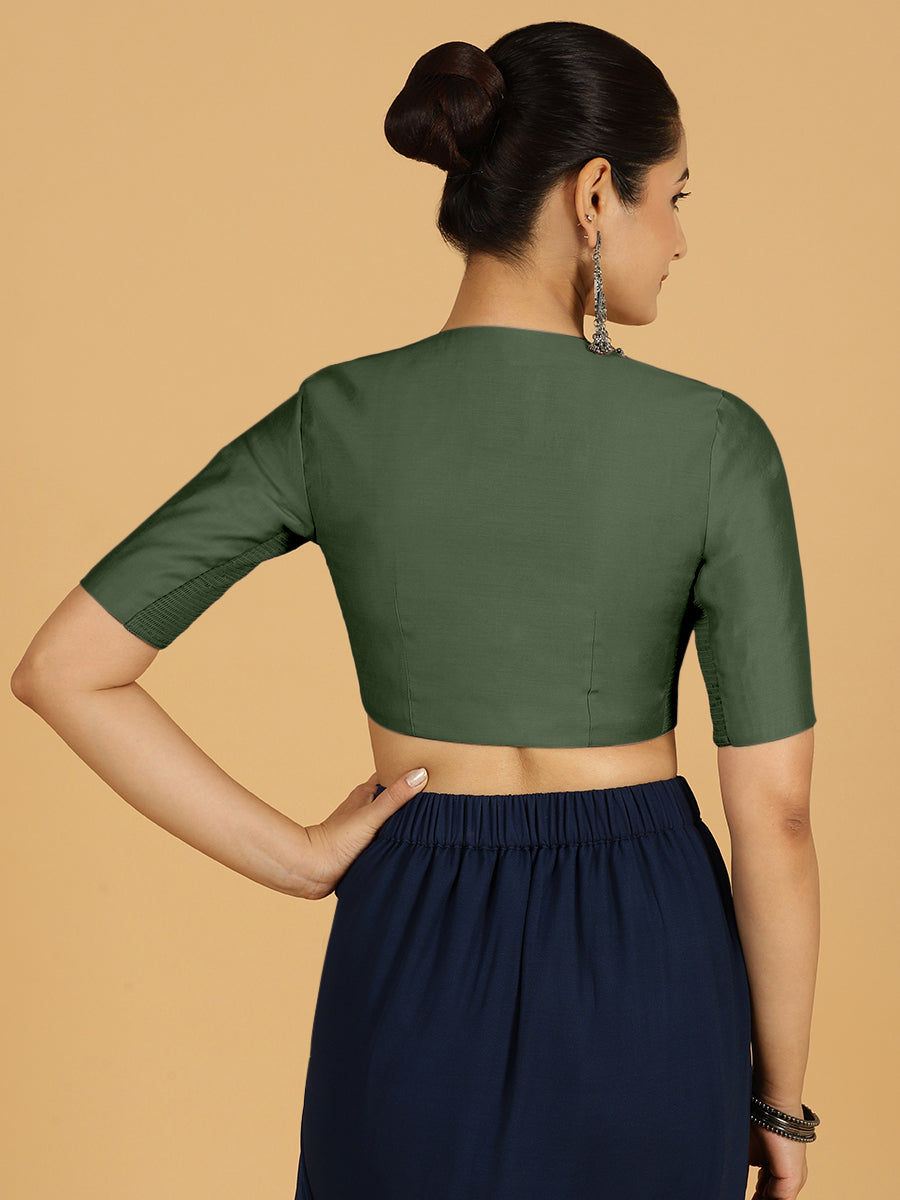 Simar x Rozaana Saree Blouse, in Green Viscose, featuring elbow sleeves and round neckline, made for daily & work (view 2).