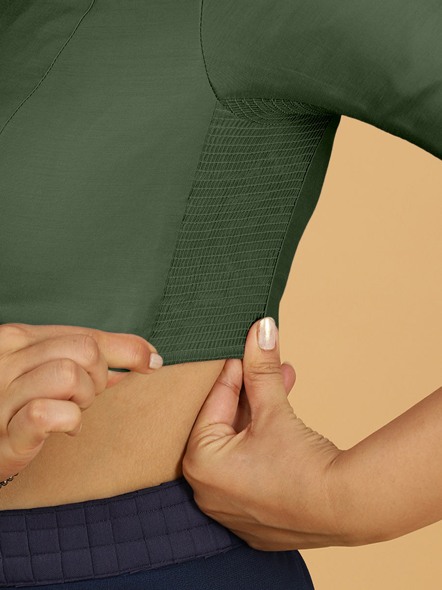 Simar x Rozaana Saree Blouse, in Green Viscose, featuring elbow sleeves and round neckline, made for daily & work (view 3).