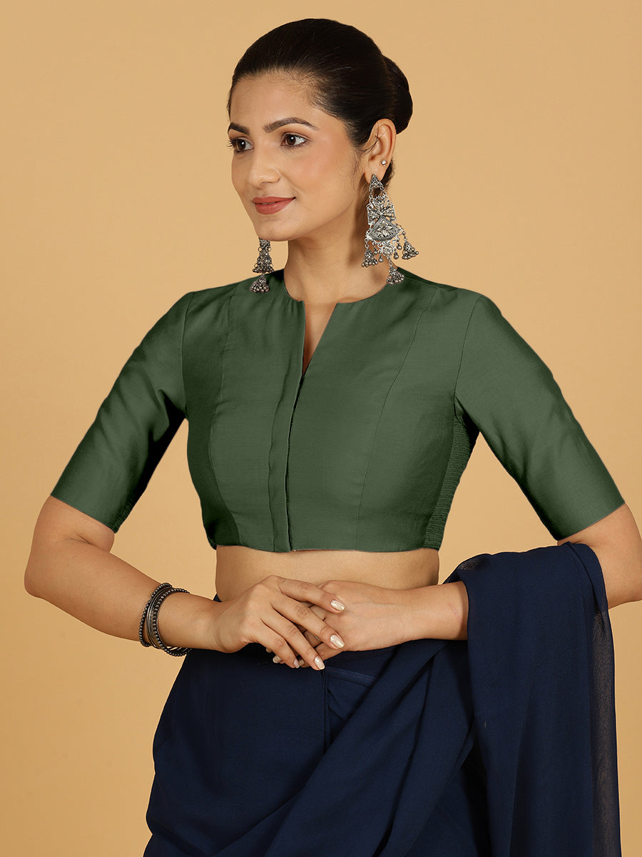 Simar x Rozaana Saree Blouse, in Green Viscose, featuring elbow sleeves and round neckline, made for daily & work (view 5).