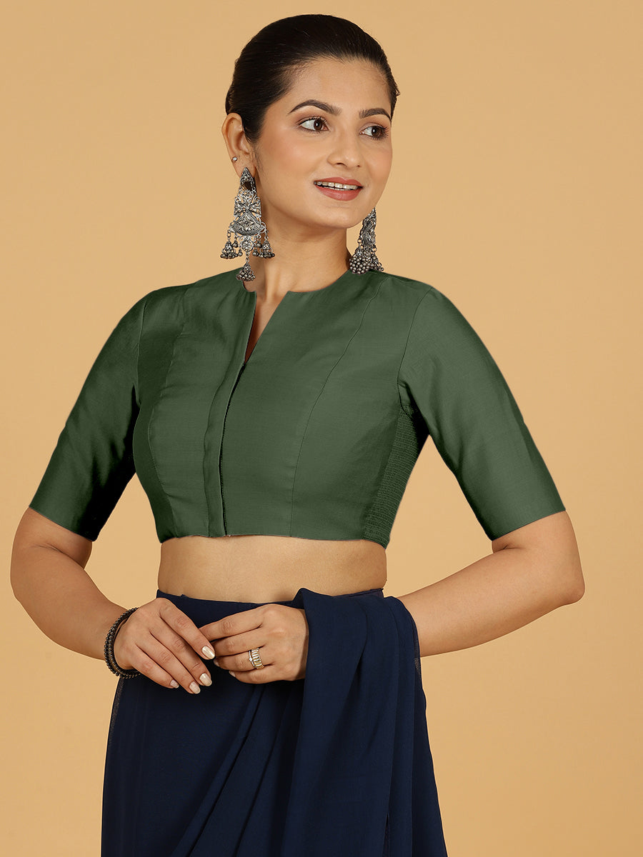Simar x Rozaana Saree Blouse, in Green Viscose, featuring elbow sleeves and round neckline, made for daily & work (view 7).