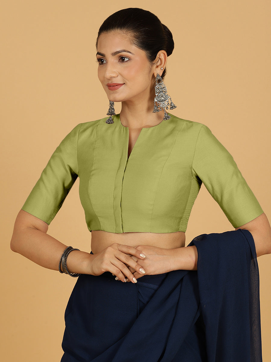 Simar x Rozaana Saree Blouse, in Green Viscose, featuring elbow sleeves and round neckline, made for daily & work (view 5).