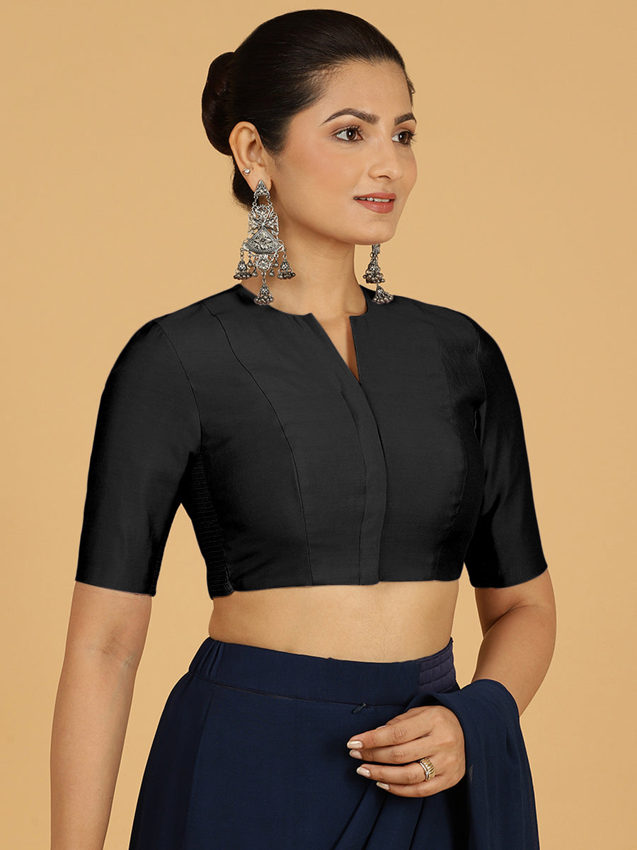 Simar x Rozaana Saree Blouse, in Black Viscose, featuring elbow sleeves and round neckline, made for daily & work (view 7).