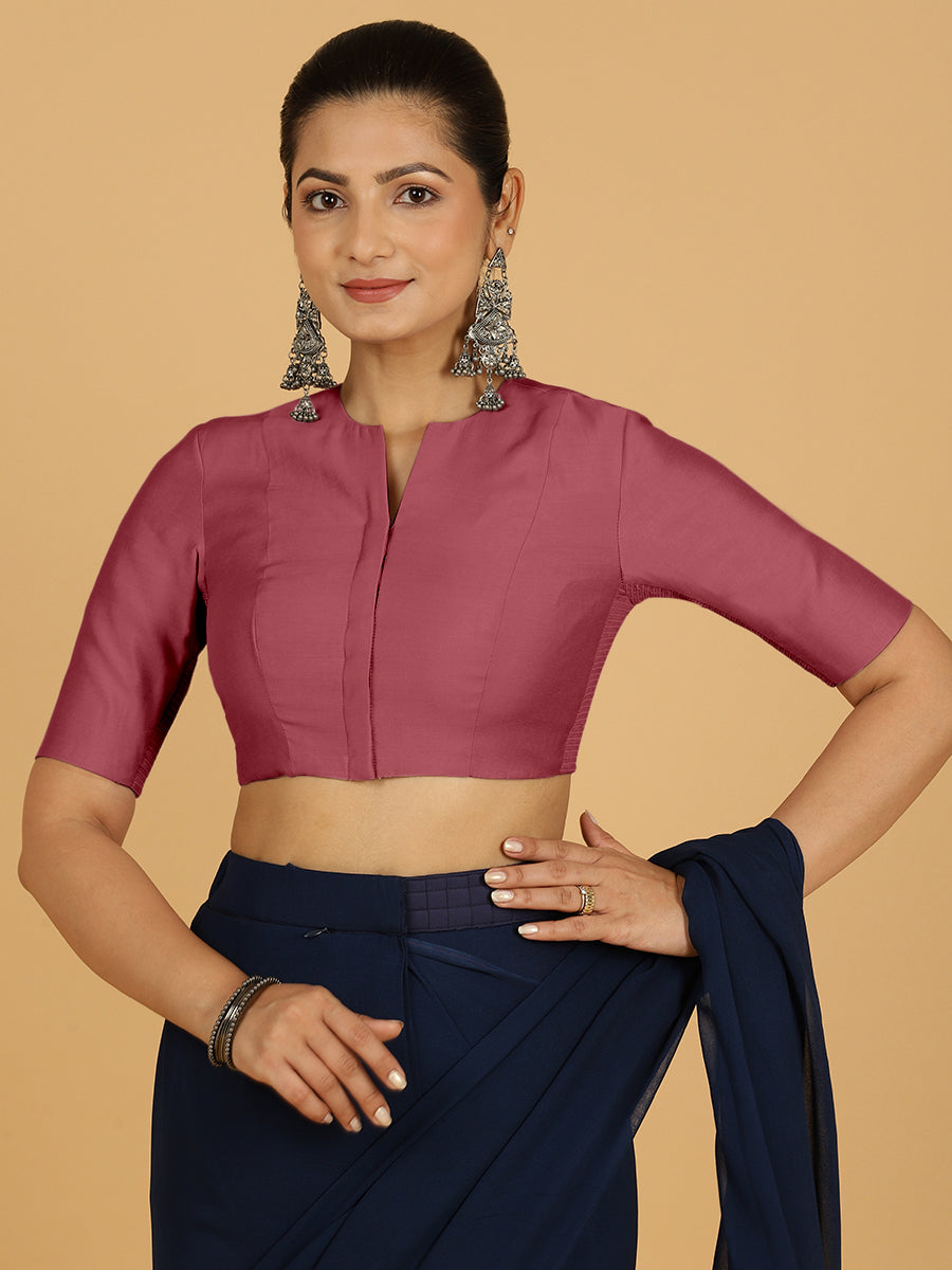 Simar x Rozaana Saree Blouse, in Pink Viscose, featuring elbow sleeves and round neckline, made for daily & work.