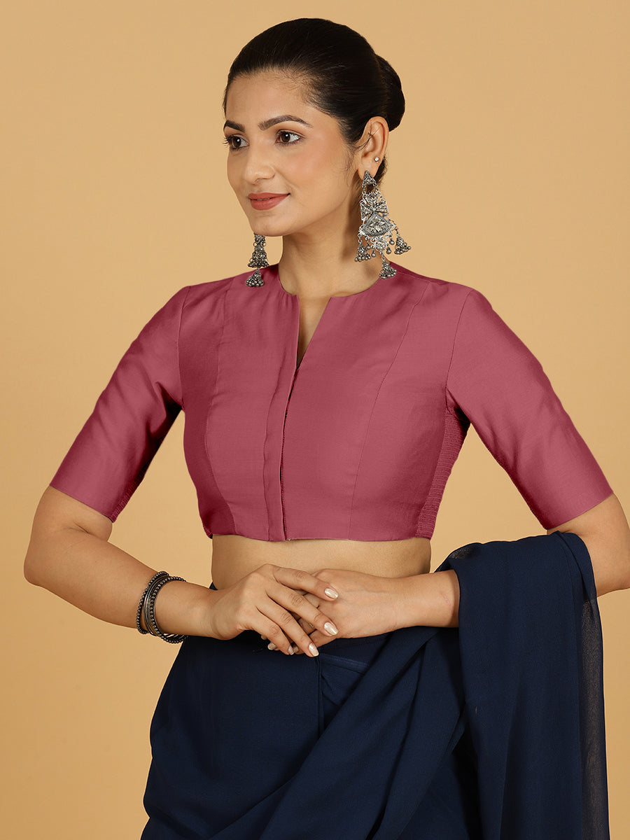 Simar x Rozaana Saree Blouse, in Pink Viscose, featuring elbow sleeves and round neckline, made for daily & work (view 5).