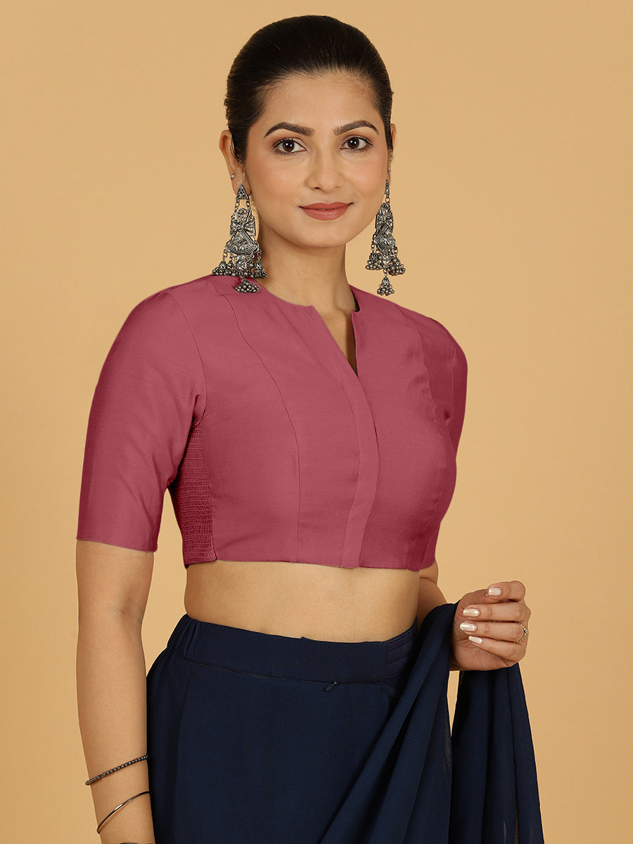 Simar x Rozaana Saree Blouse, in Pink Viscose, featuring elbow sleeves and round neckline, made for daily & work (view 6).