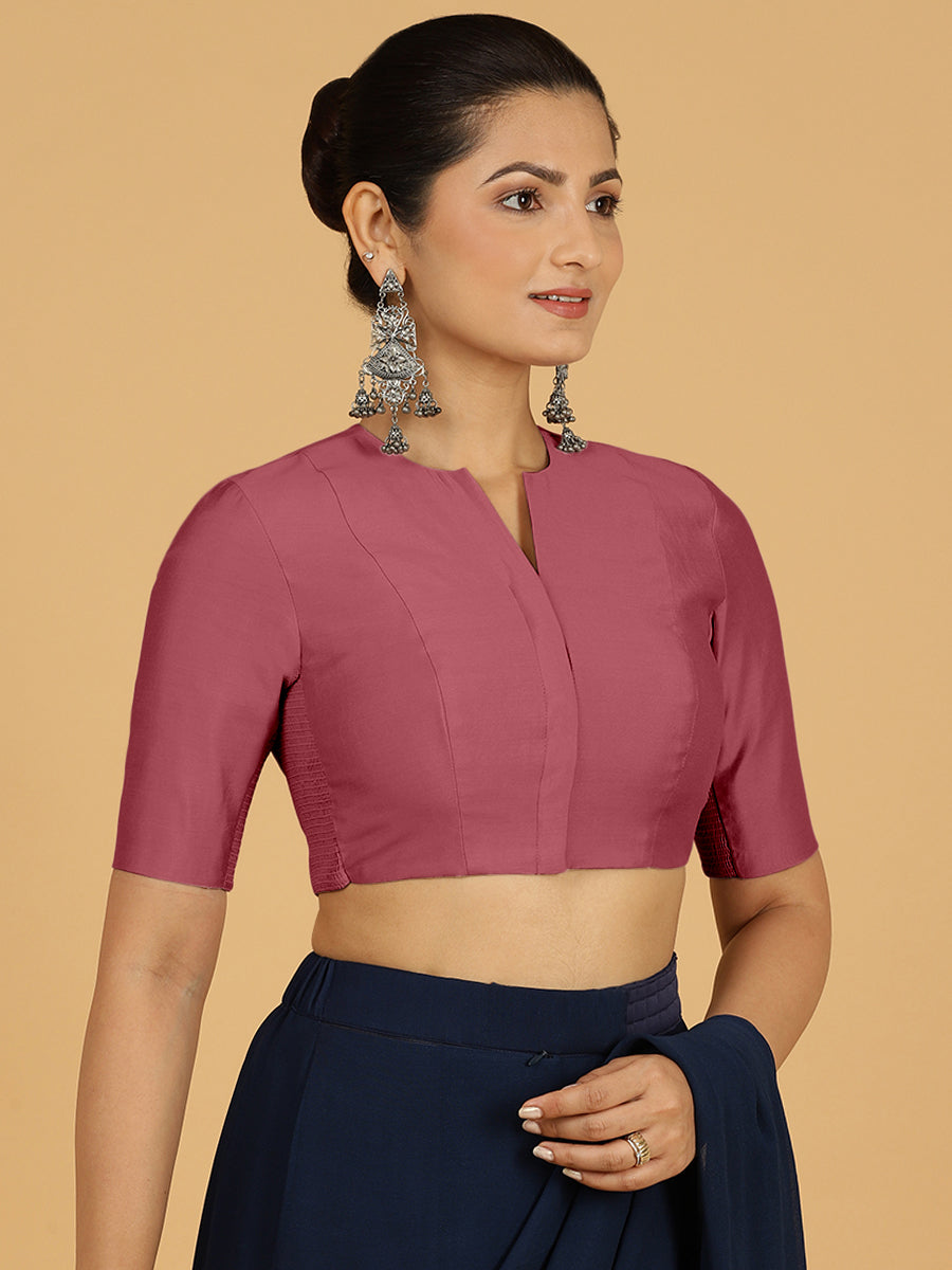 Simar x Rozaana Saree Blouse, in Pink Viscose, featuring elbow sleeves and round neckline, made for daily & work (view 7).