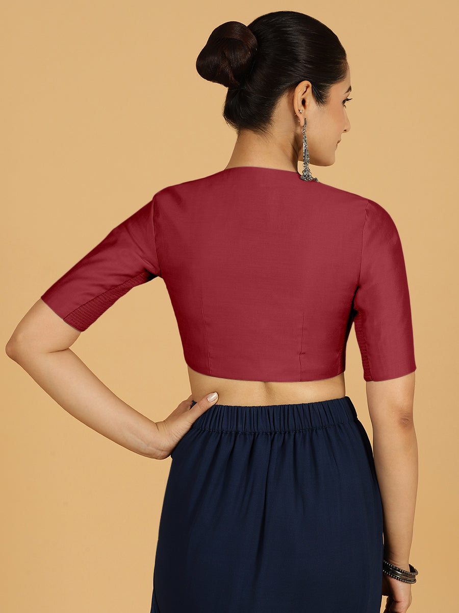 Simar x Rozaana Saree Blouse, in Red Viscose, featuring elbow sleeves and round neckline, made for daily & work (view 2).