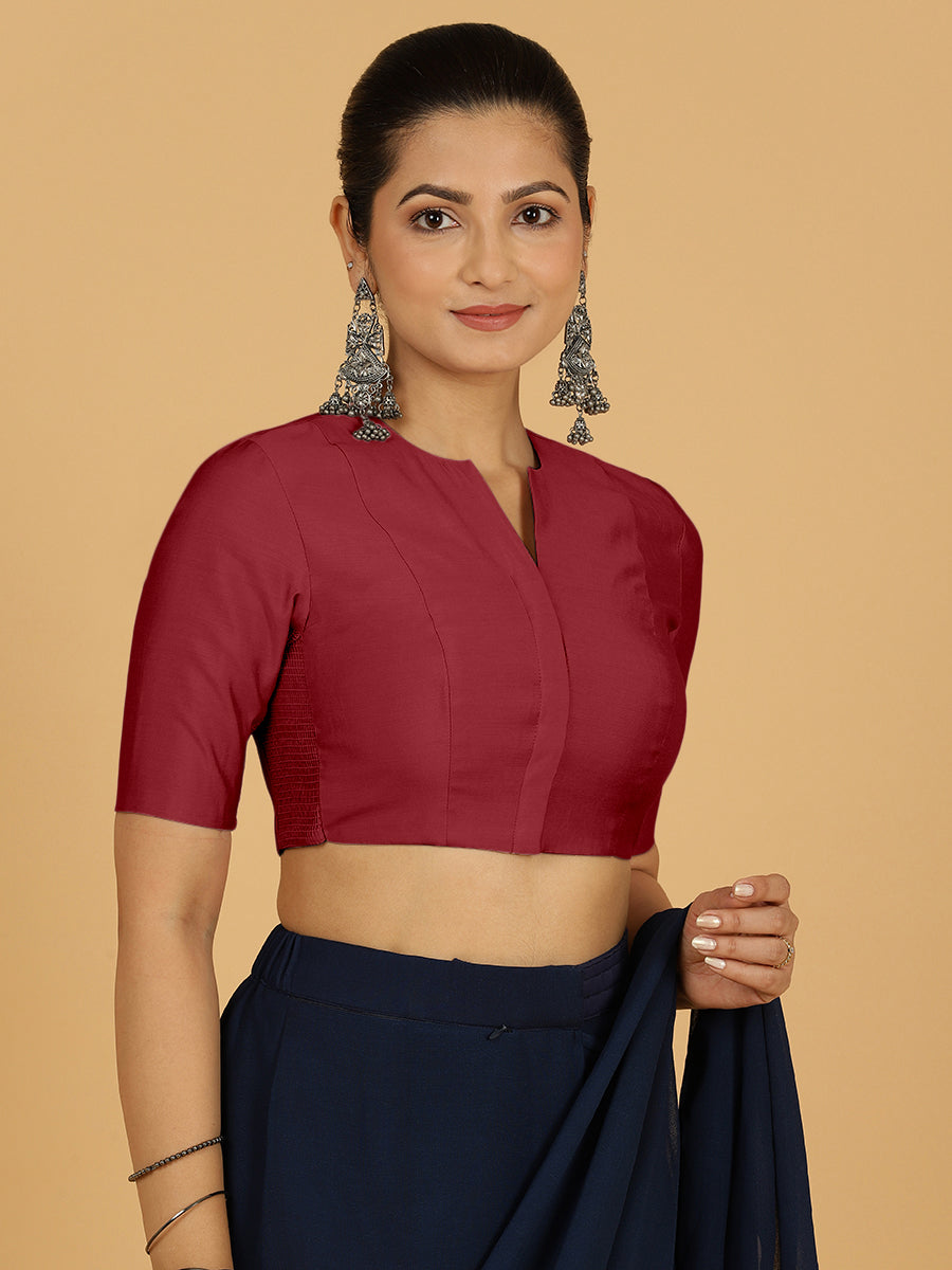 Simar x Rozaana Saree Blouse, in Red Viscose, featuring elbow sleeves and round neckline, made for daily & work (view 6).