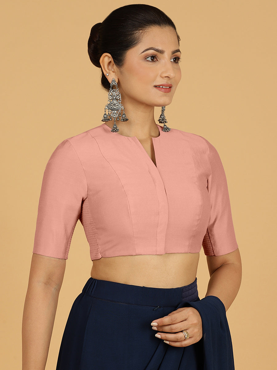 Simar x Rozaana Saree Blouse, in Pink Viscose, featuring elbow sleeves and round neckline, made for daily & work (view 7).