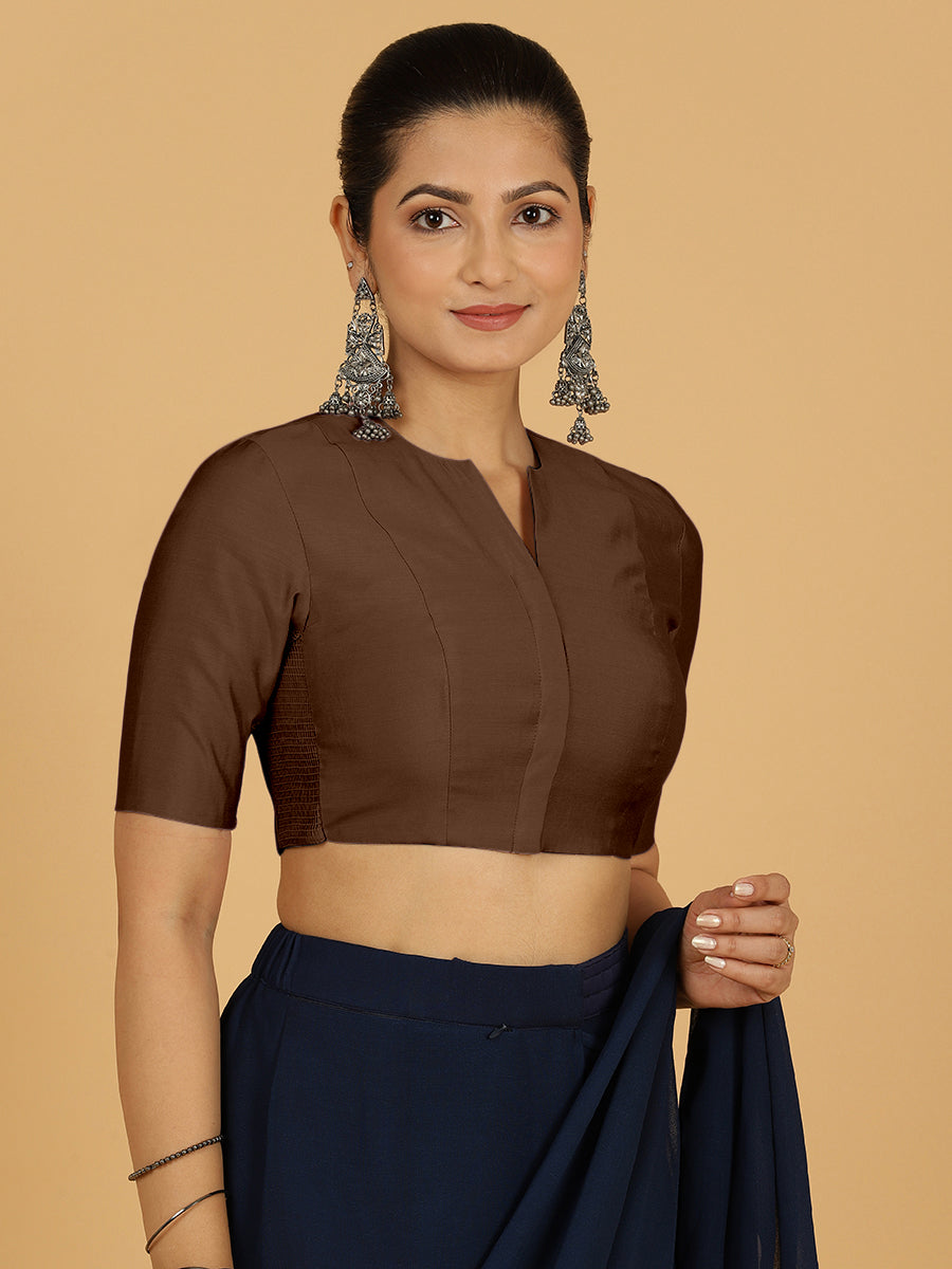 Simar x Rozaana Saree Blouse, in Brown Viscose, featuring elbow sleeves and round neckline, made for daily & work (view 5).