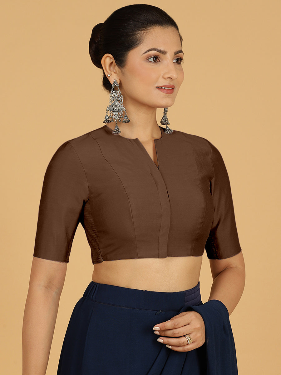 Simar x Rozaana Saree Blouse, in Brown Viscose, featuring elbow sleeves and round neckline, made for daily & work (view 6).
