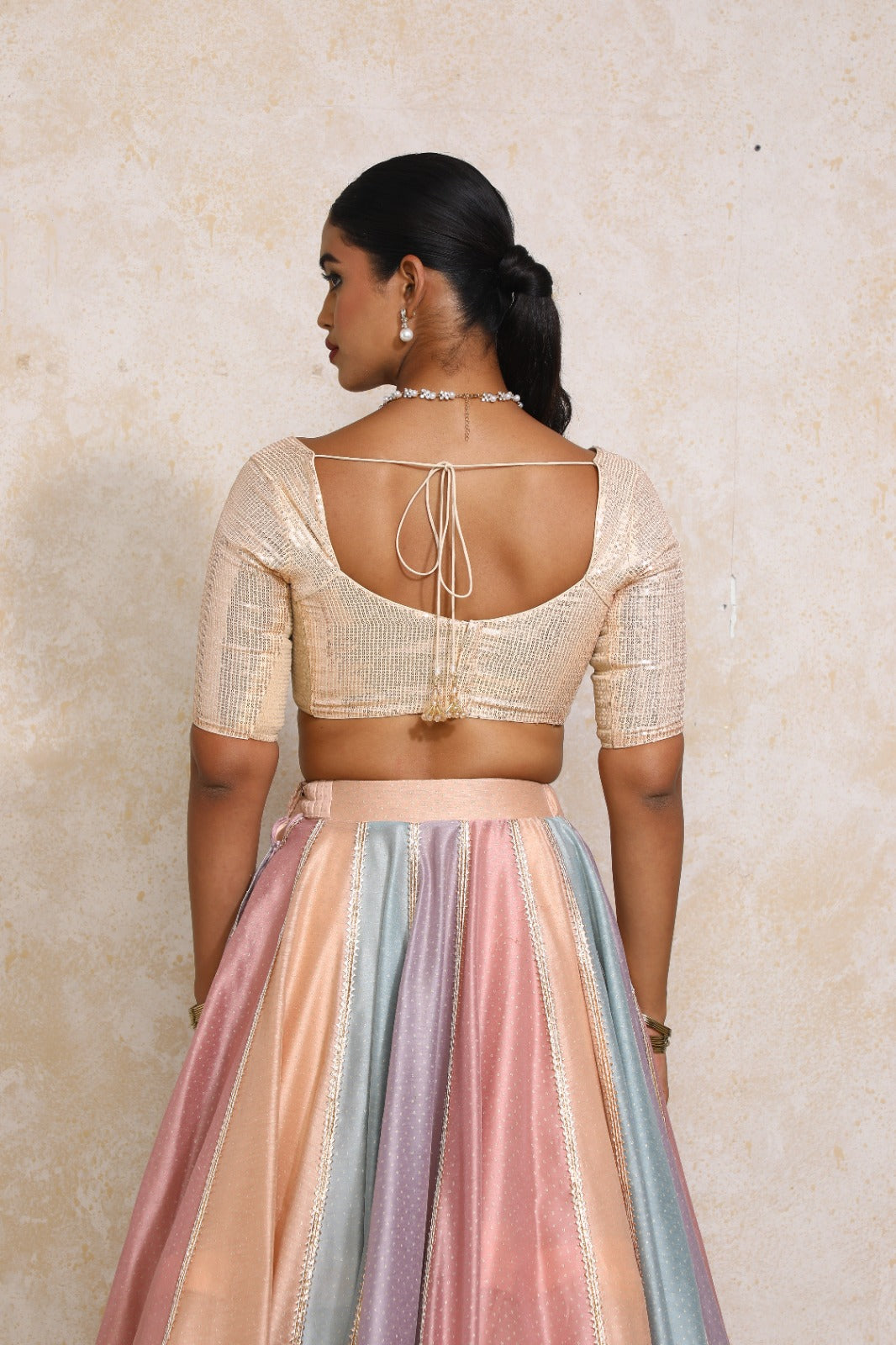 Sitara x Tyohaar Saree Blouse, in Peach Sequin Fabric, featuring elbow sleeves and sweetheart neckline (view 2).