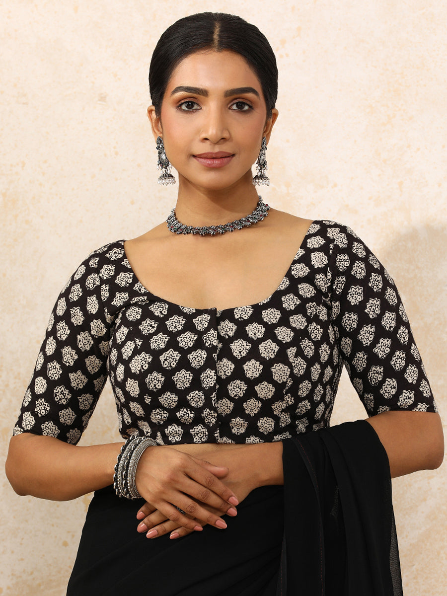Smriti x Rozaana Saree Blouse, in Black 100% Cotton - Block Printed, featuring elbow sleeves and round neckline.