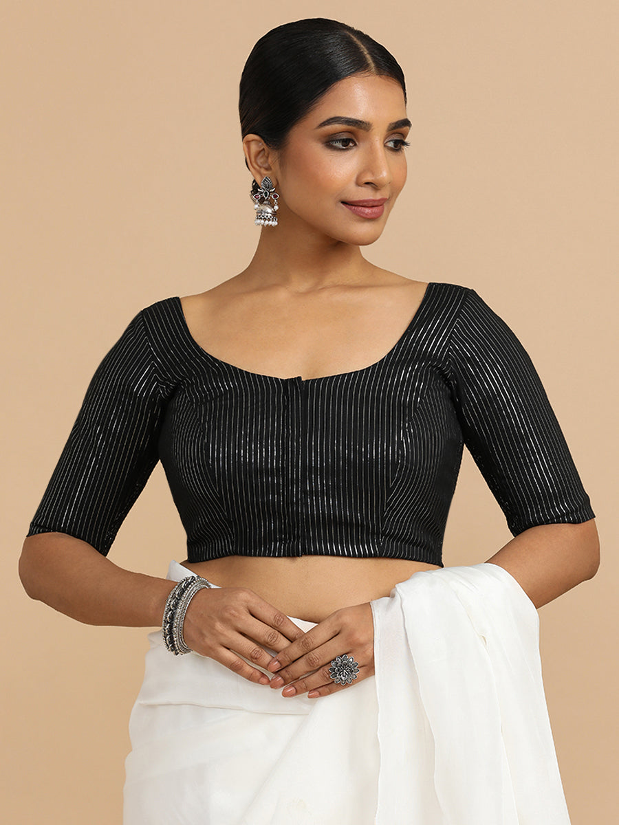 Sonal x Rozaana Saree Blouse, in Black 100% Cotton & Lurex, featuring elbow sleeves and round neckline (view 6).
