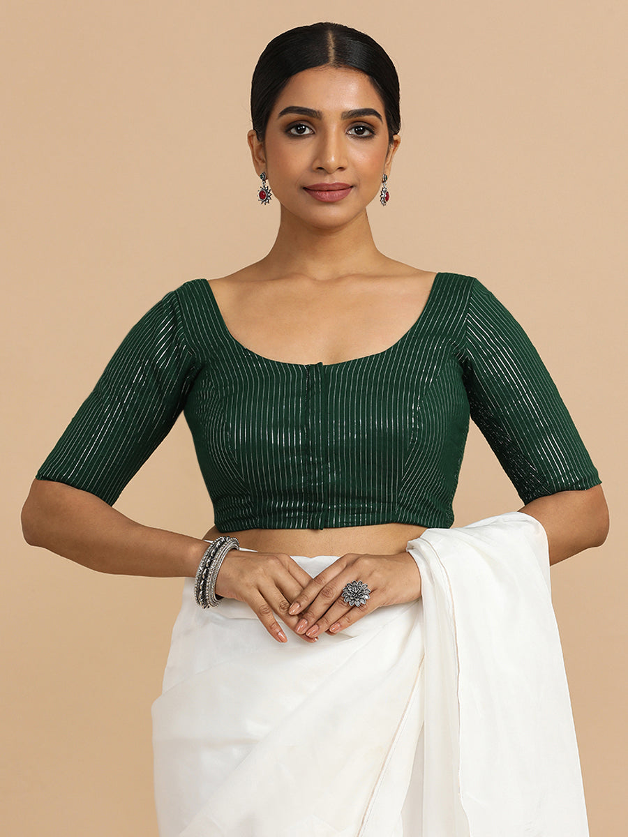 Sonal x Rozaana Saree Blouse, in Green 100% Cotton & Lurex, featuring elbow sleeves and round neckline.