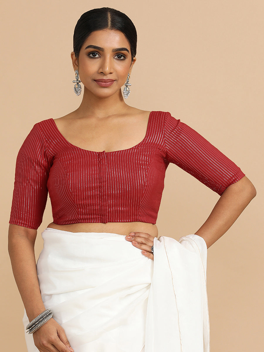 Sonal x Rozaana Saree Blouse, in Red 100% Cotton & Lurex, featuring elbow sleeves and round neckline (view 5).