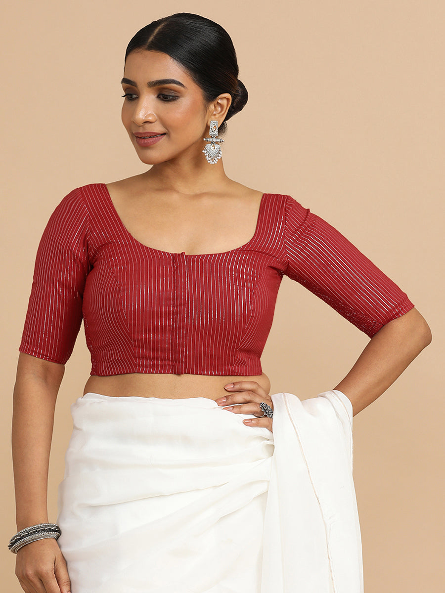 Sonal x Rozaana Saree Blouse, in Red 100% Cotton & Lurex, featuring elbow sleeves and round neckline (view 7).