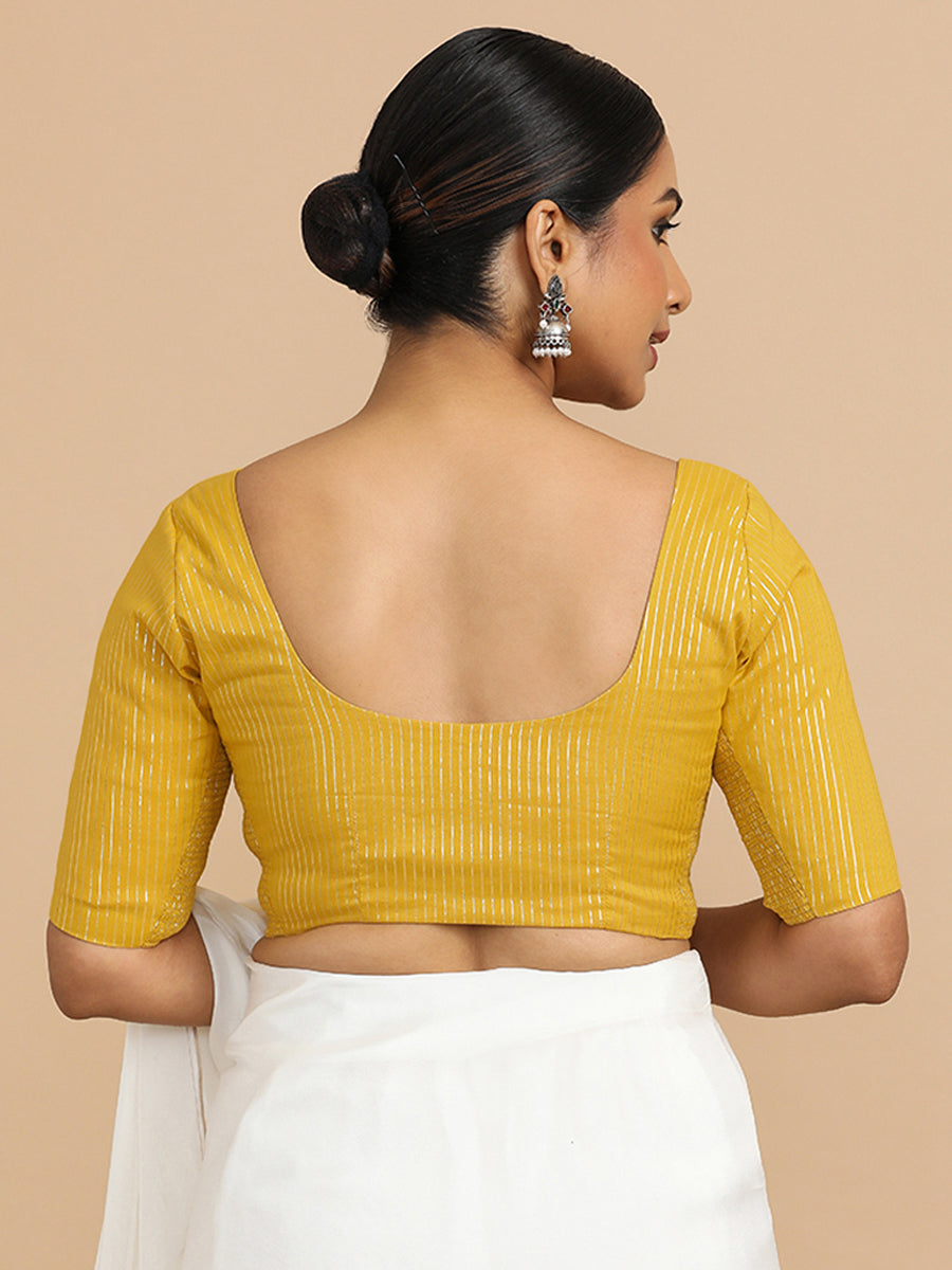 Sonal x Rozaana Saree Blouse, in Yellow 100% Cotton & Lurex, featuring elbow sleeves and round neckline (view 2).