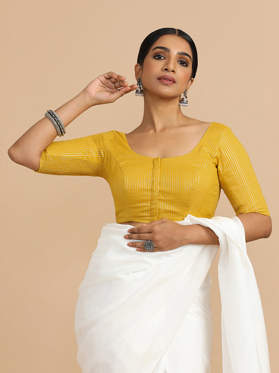 Sonal x Rozaana Saree Blouse, in Yellow 100% Cotton & Lurex, featuring elbow sleeves and round neckline (view 6).