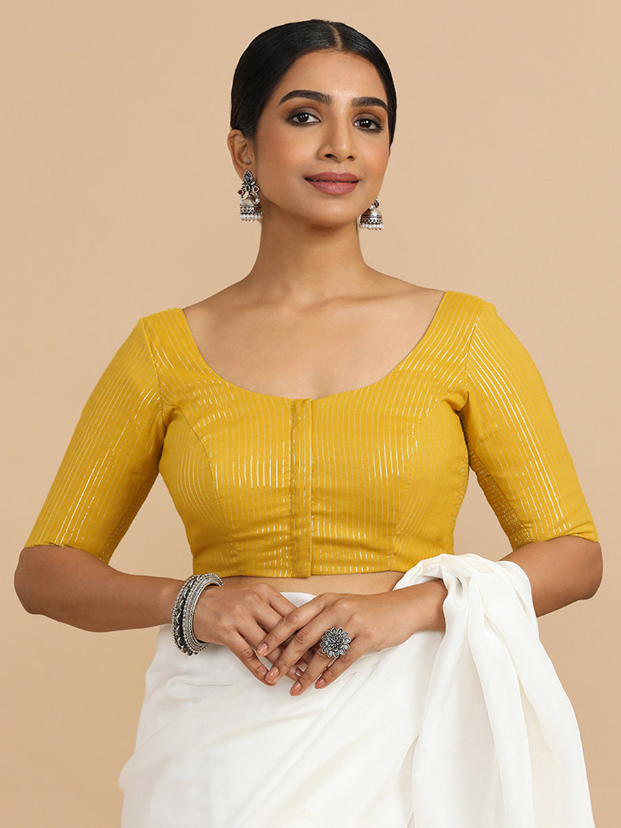Sonal x Rozaana Saree Blouse, in Yellow 100% Cotton & Lurex, featuring elbow sleeves and round neckline (view 7).