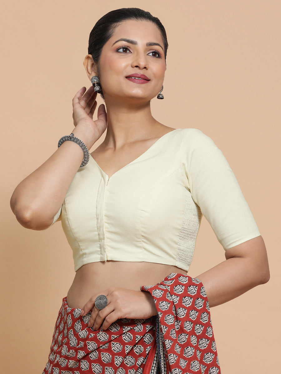 Sonia x Rozaana Saree Blouse, in White Linen, featuring elbow sleeves and v-neckline, made for daily & work.