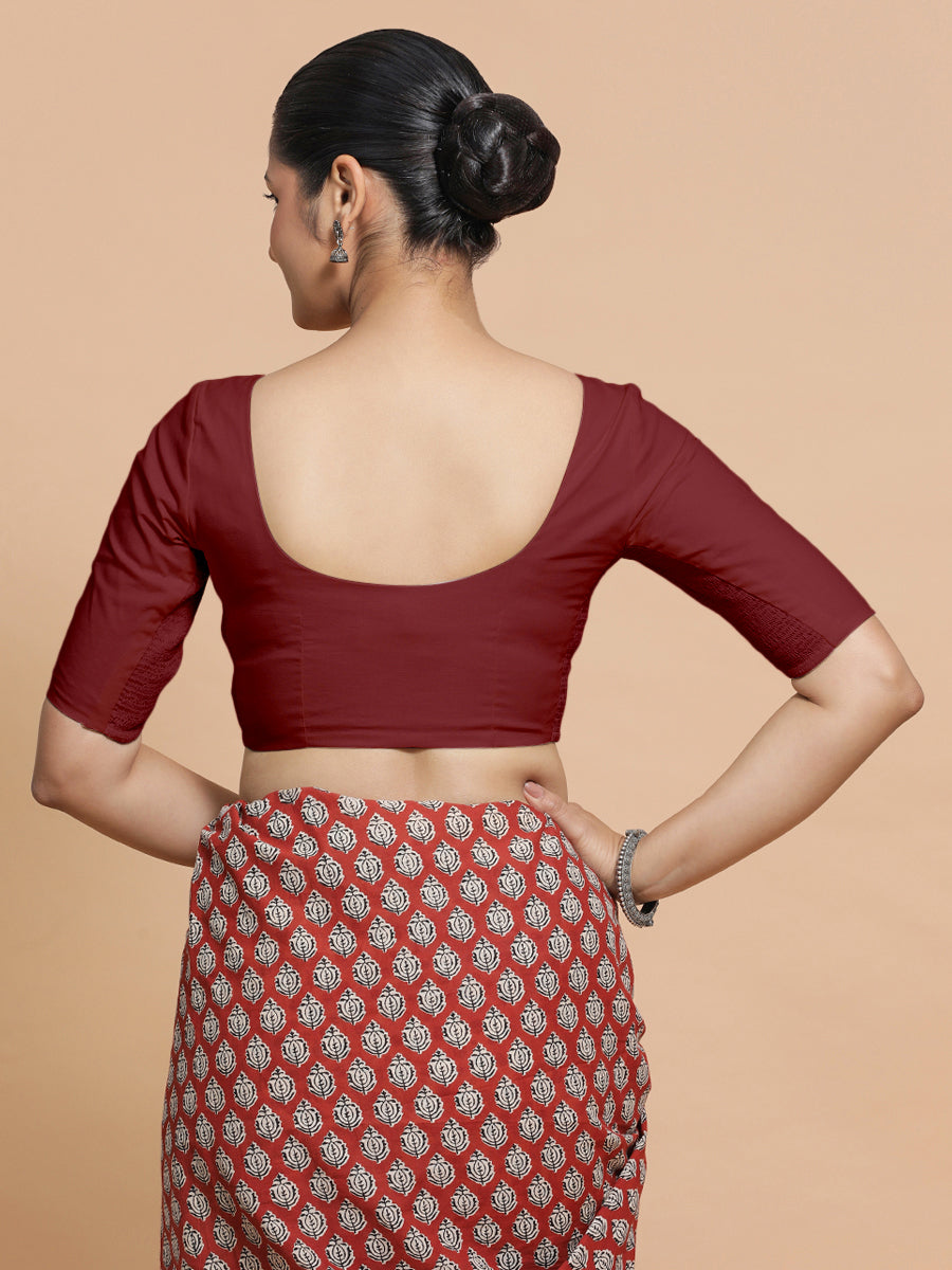 Sonia x Rozaana Saree Blouse, in Red Linen, featuring elbow sleeves and v-neckline, made for daily & work (view 2).