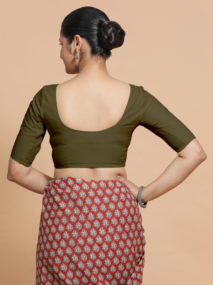 Sonia x Rozaana Saree Blouse, in Green Linen, featuring elbow sleeves and v-neckline, made for daily & work (view 2).