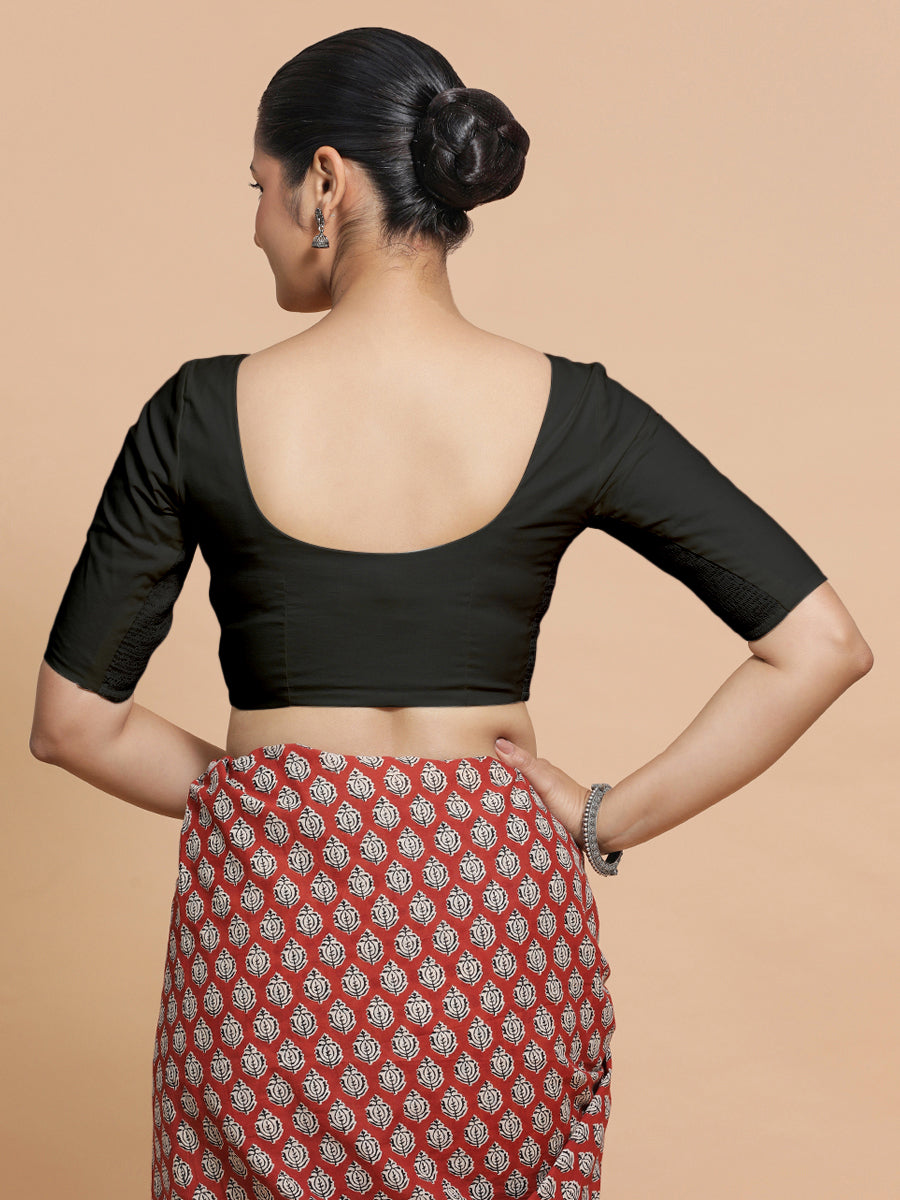 Sonia x Rozaana Saree Blouse, in Black Linen, featuring elbow sleeves and v-neckline, made for daily & work (view 2).
