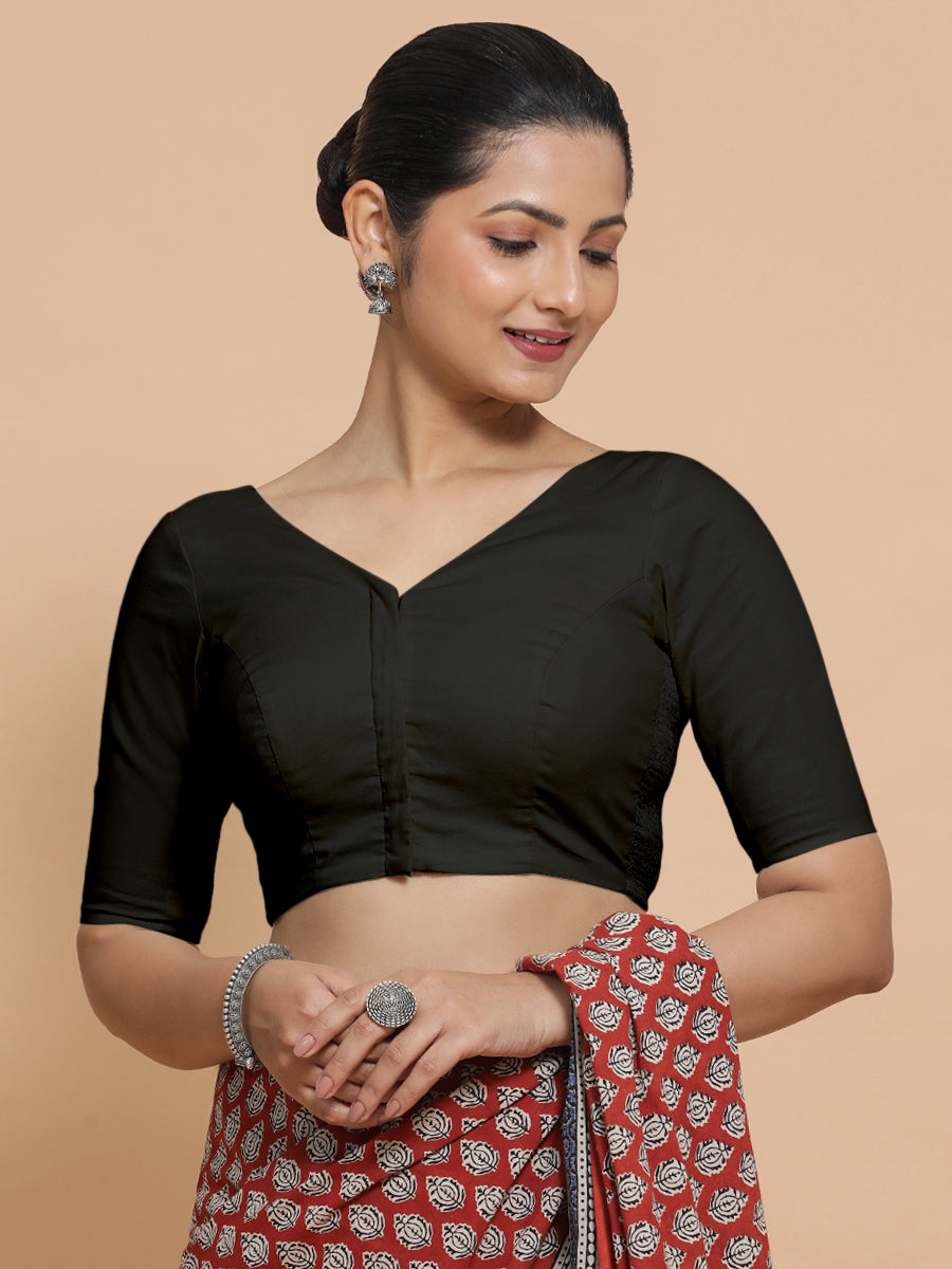 Sonia x Rozaana Saree Blouse, in Black Linen, featuring elbow sleeves and v-neckline, made for daily & work (view 5).
