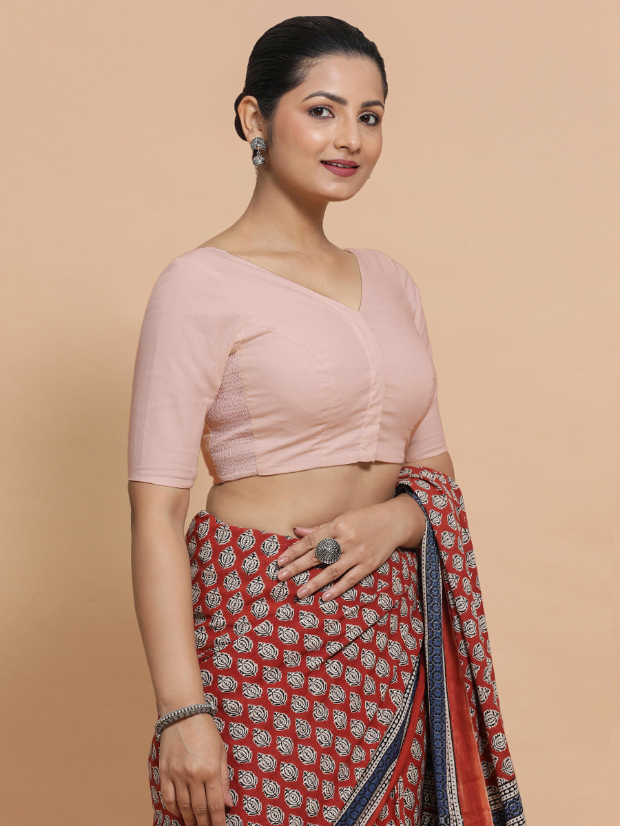 Sonia x Rozaana | Elbow Sleeves Saree Blouse in Misty Pink Linen