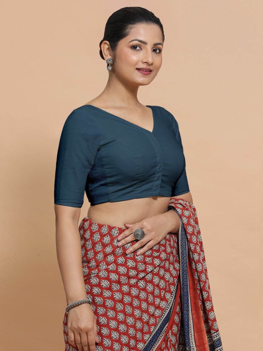 Sonia x Rozaana Saree Blouse, in Blue Linen, featuring elbow sleeves and v-neckline, made for daily & work (view 7).