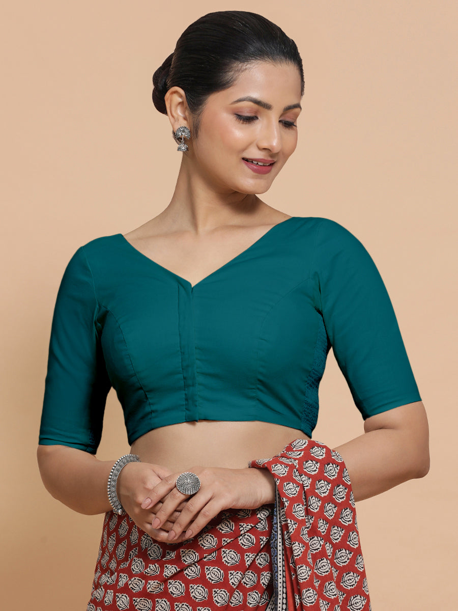 Sonia x Rozaana Saree Blouse, in Blue Linen, featuring elbow sleeves and v-neckline, made for daily & work (view 5).