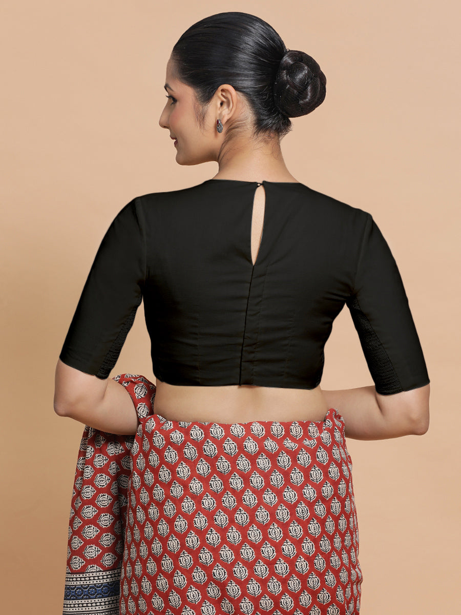 Suhana x Rozaana Saree Blouse, in Black Cotton, featuring elbow sleeves and jewel neckline, made for daily & work (view 2).