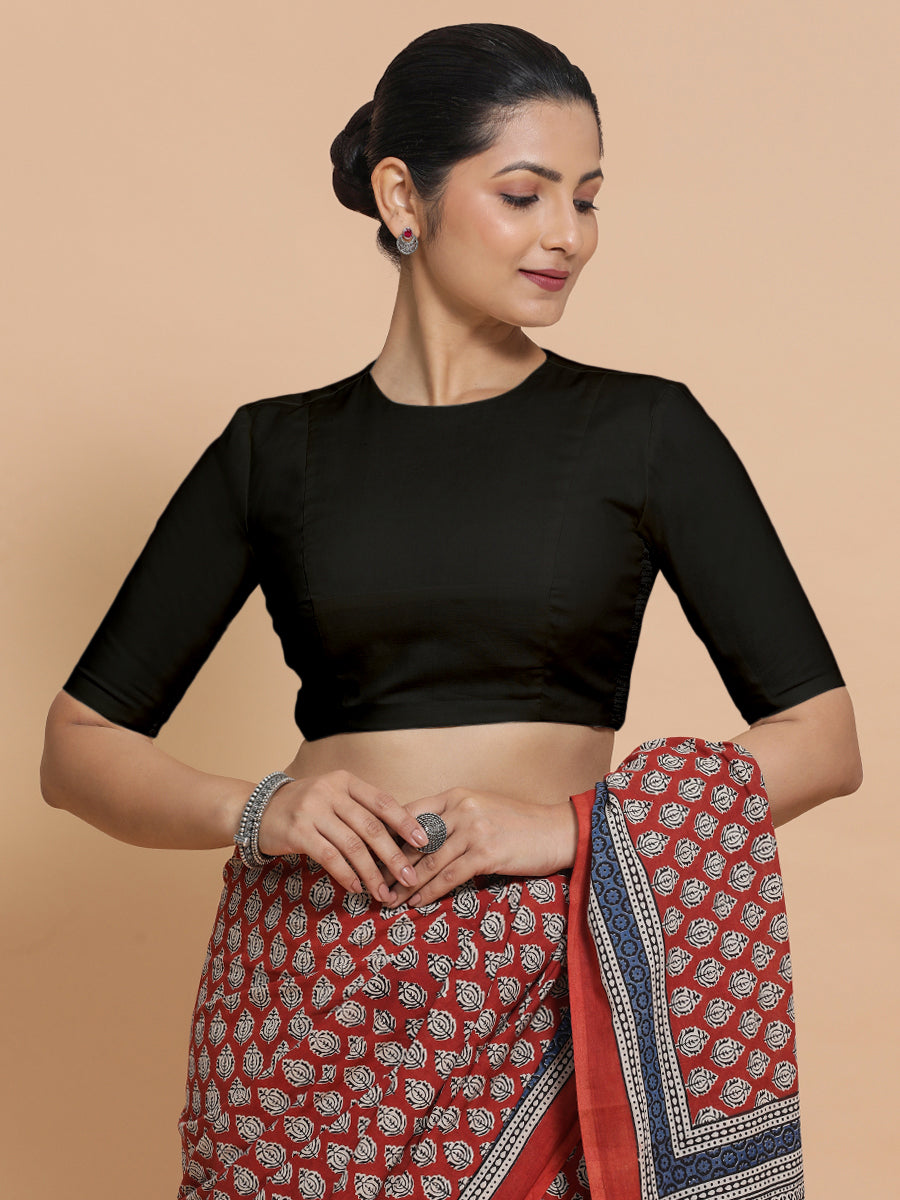 Suhana x Rozaana Saree Blouse, in Black Cotton, featuring elbow sleeves and jewel neckline, made for daily & work (view 5).