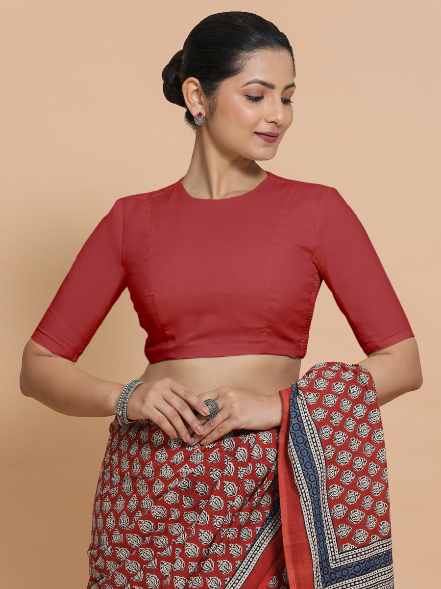 Suhana x Rozaana Saree Blouse, in Red 100% Cotton - Solid, featuring elbow sleeves and jewel neckline, made for daily & work.