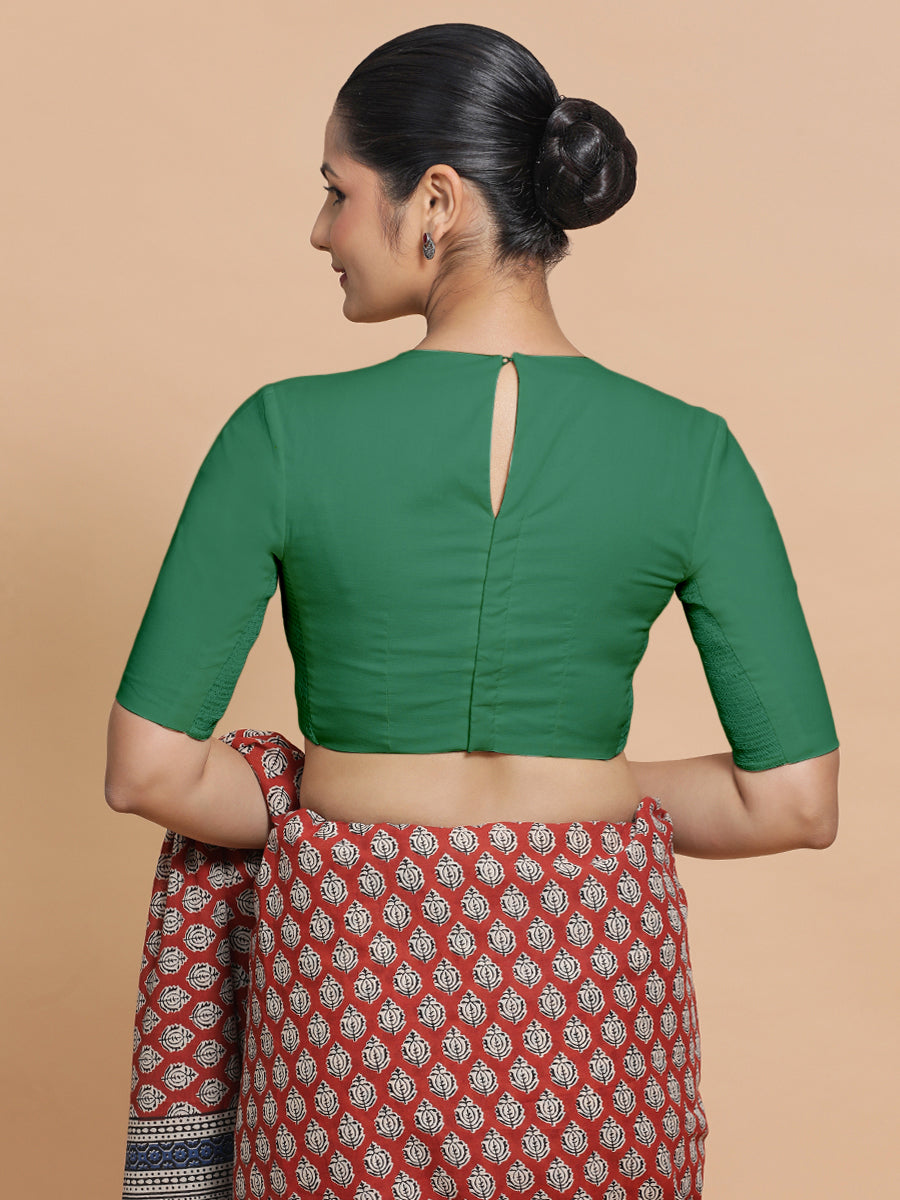 Suhana x Rozaana Saree Blouse, in Green 100% Cotton - Solid, featuring elbow sleeves and jewel neckline (view 2).