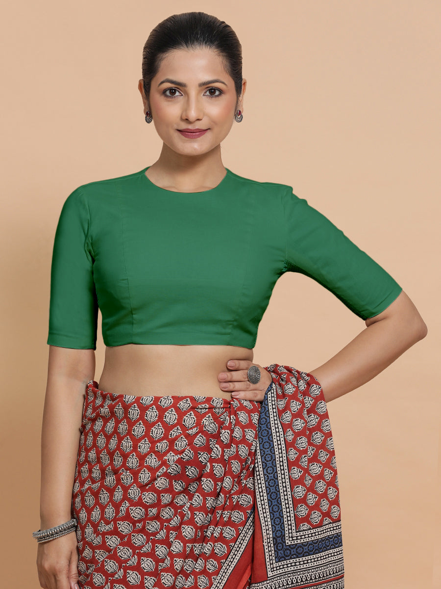 Suhana x Rozaana Saree Blouse, in Green 100% Cotton - Solid, featuring elbow sleeves and jewel neckline (view 6).