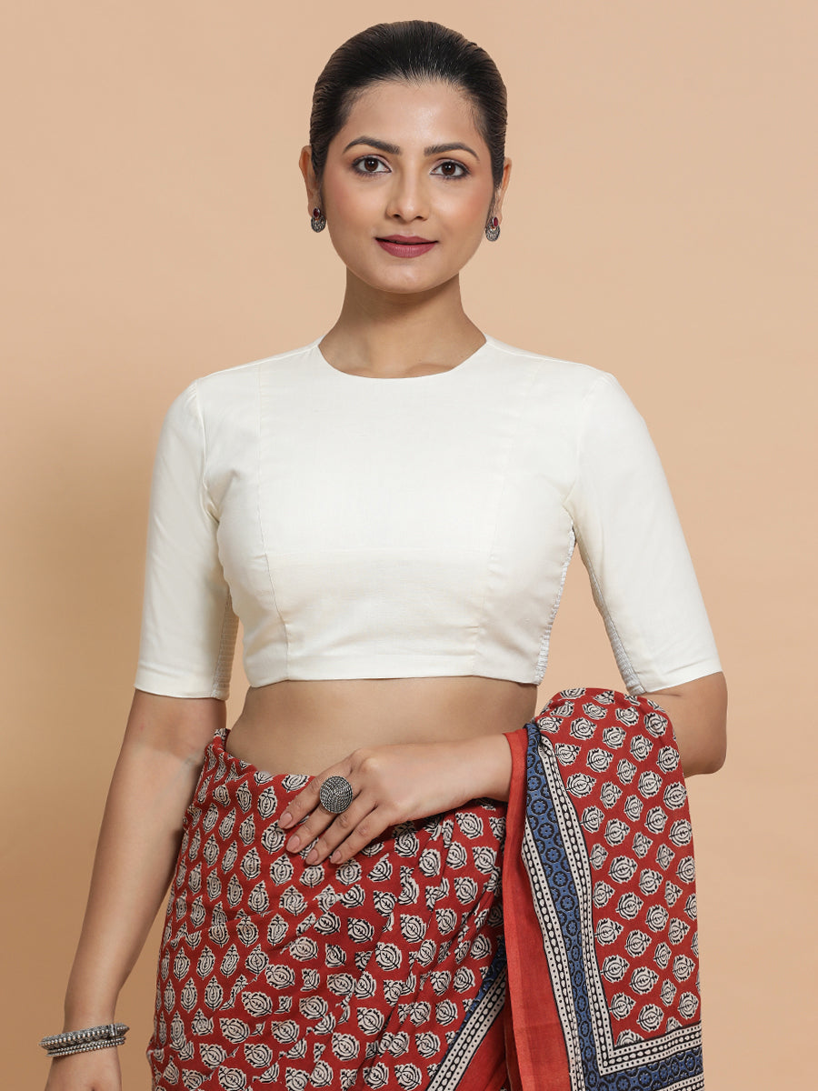 Suhana x Rozaana | Jewel Neck Ivory Mist Plain Cotton Saree Blouse