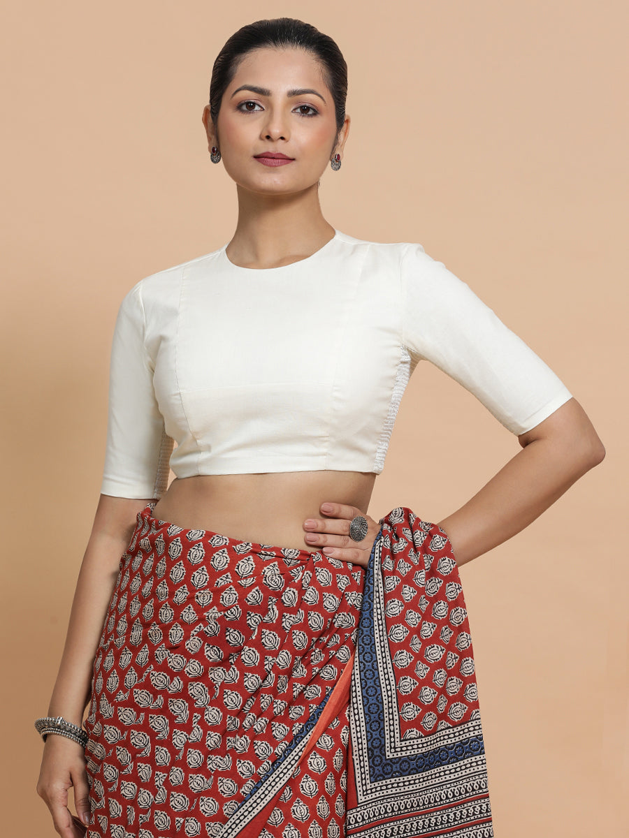 Suhana x Rozaana Saree Blouse, in Cream Cotton, featuring elbow sleeves and jewel neckline, made for daily & work (view 5).