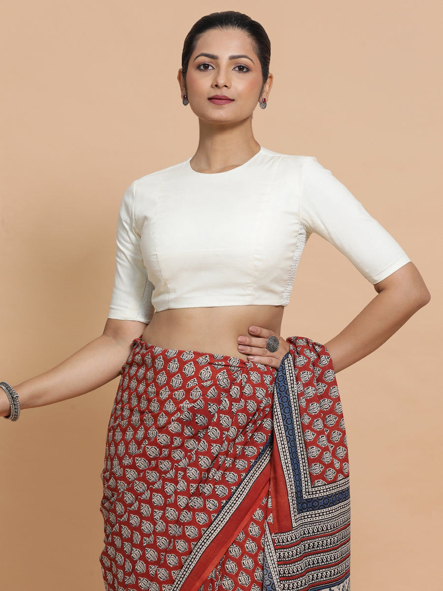 Suhana x Rozaana Saree Blouse, in Cream Cotton, featuring elbow sleeves and jewel neckline, made for daily & work (view 7).
