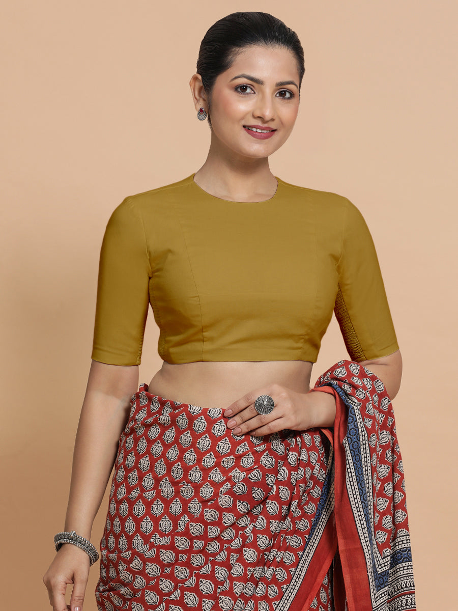 Suhana x Rozaana Saree Blouse, in Yellow Cotton, featuring elbow sleeves and jewel neckline, made for daily & work.