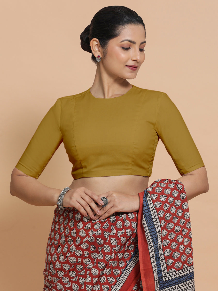 Suhana x Rozaana Saree Blouse, in Yellow Cotton, featuring elbow sleeves and jewel neckline, made for daily & work (view 5).