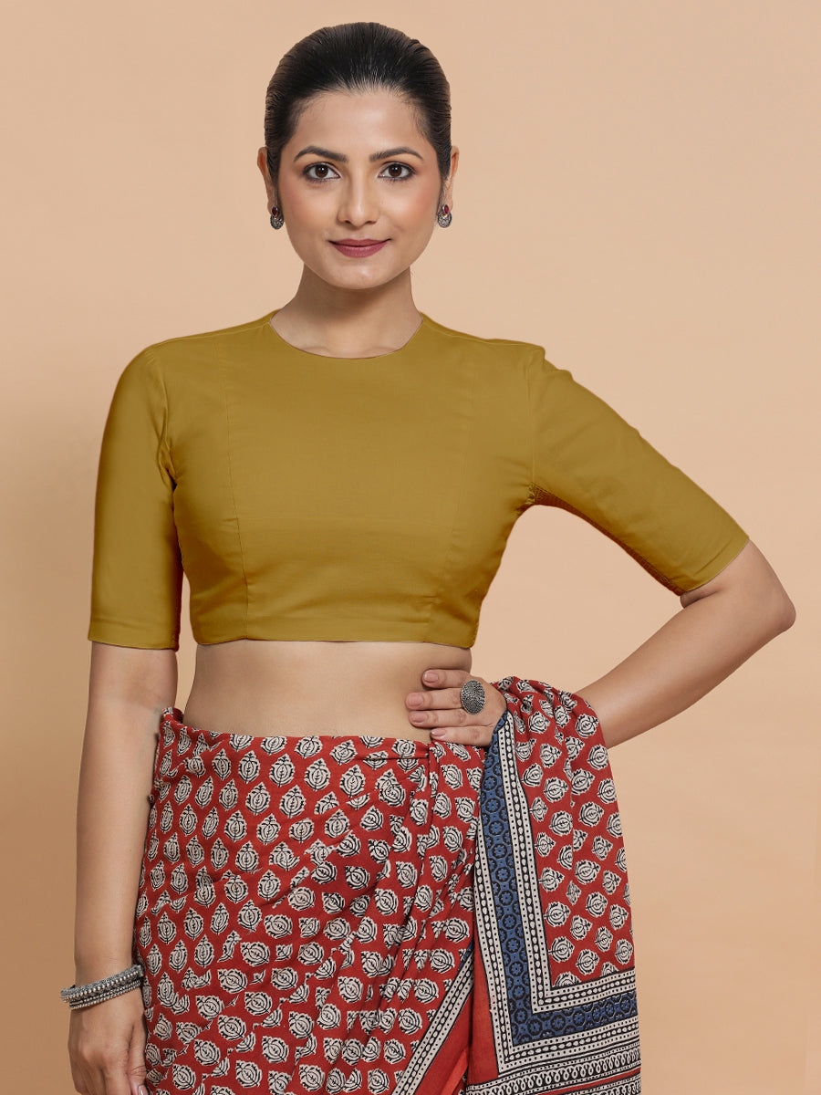Suhana x Rozaana Saree Blouse, in Yellow Cotton, featuring elbow sleeves and jewel neckline, made for daily & work (view 6).